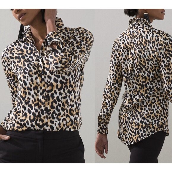 Chicos Sz 1 (MEDIUM) Sandwash Satin Leopard Tunic Top Button Up Modal EUC - Picture 2 of 12